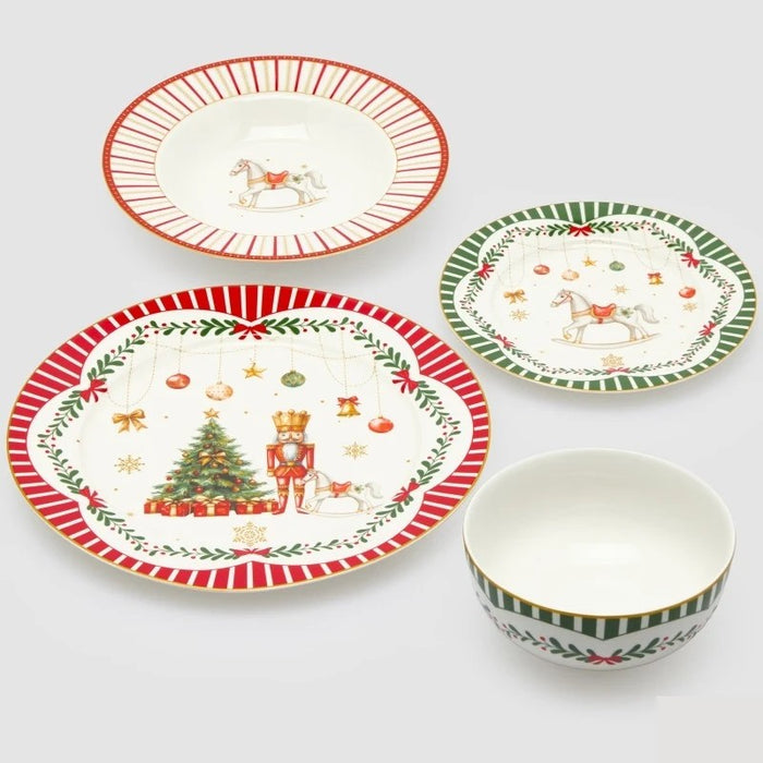 EDG Servizio Piatti Natale Xmas 24 Pz In Ceramica Rosso Verde – Piano, Fondo, Dessert E Ciotole