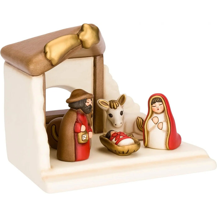 THUN Set Capanna Con Sacra Famiglia, Bue, Asinello In Ceramica Colore Rosso