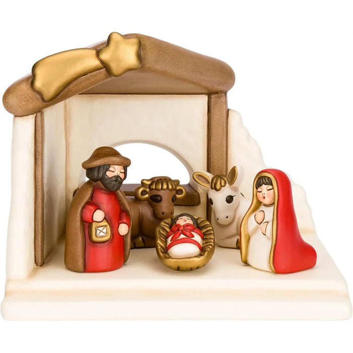 THUN Set Capanna Con Sacra Famiglia, Bue, Asinello In Ceramica Colore Rosso