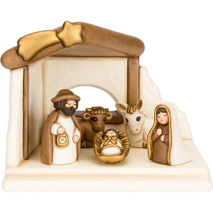 THUN Set Capanna Con Sacra Famiglia, Bue, Asinello In Ceramica Colore Bianco