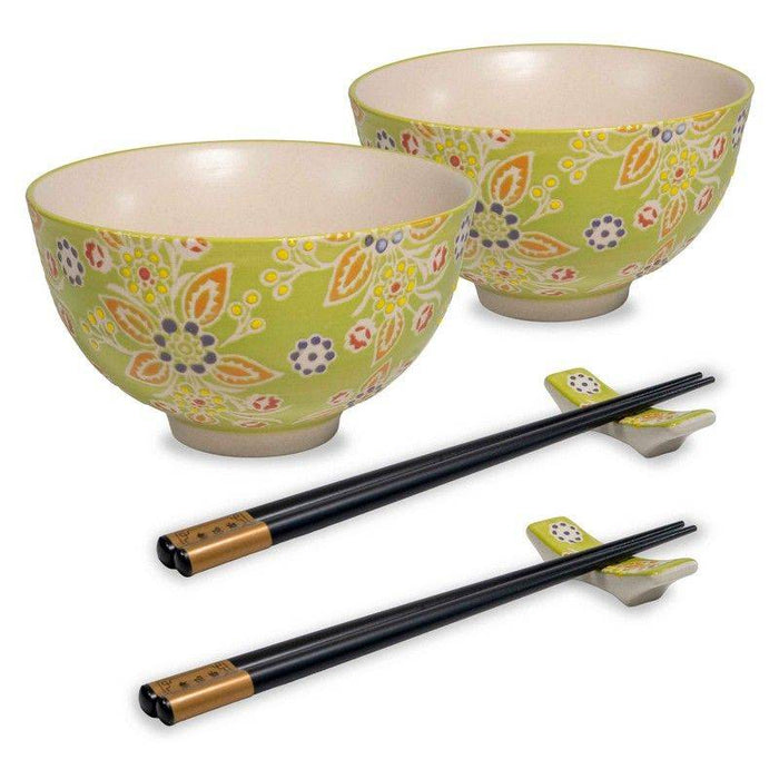 WD LIFESTYLE Set 2 Coppette Decorate A Rilievo, 2 Bacchette E 2 Poggia Bacchette 300 Ml Color Verde - 700D