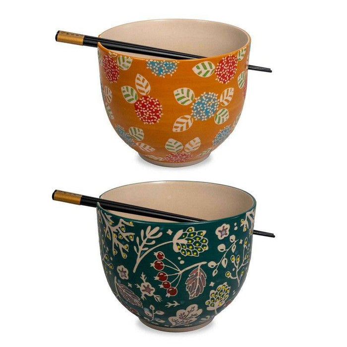 WD LIFESTYLE Set 2 Ciotole Ramen Con Decorazione In Rilievo E 2 Coppie Di Bacchette Multicolor - 702E