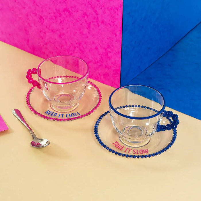 WD LIFESTYLE Set 2 Tazze 230 Ml In Vetro Con Piattino Decorazione Rosa E Blu - 922A