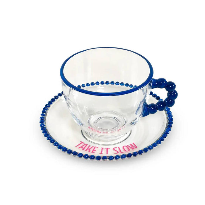 WD LIFESTYLE Set 2 Tazze 230 Ml In Vetro Con Piattino Decorazione Rosa E Blu - 922A