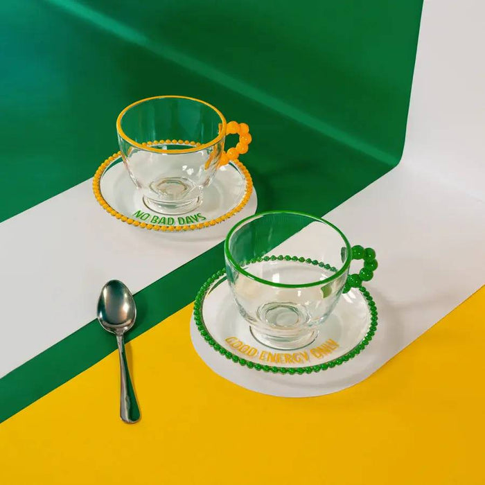 WD LIFESTYLE Set 2 Tazze 230 Ml In Vetro Con Piattino Decorazione Giallo E Verde - 922B