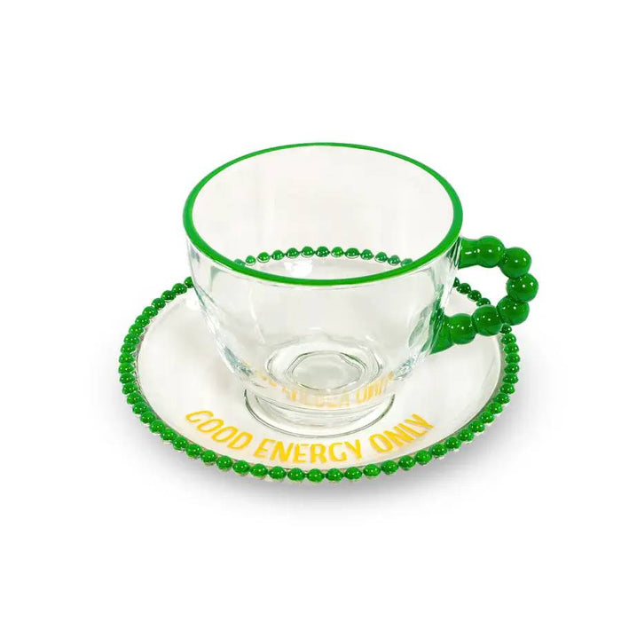 WD LIFESTYLE Set 2 Tazze 230 Ml In Vetro Con Piattino Decorazione Giallo E Verde - 922B