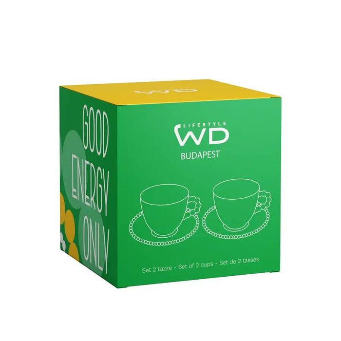 WD LIFESTYLE Set 2 Tazze 230 Ml In Vetro Con Piattino Decorazione Giallo E Verde - 922B