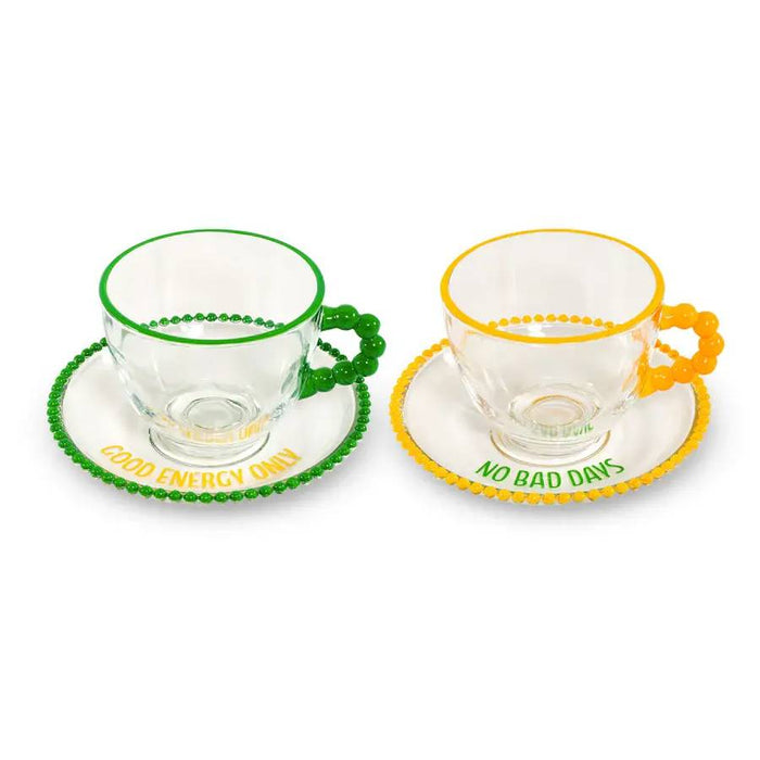 WD LIFESTYLE Set 2 Tazze 230 Ml In Vetro Con Piattino Decorazione Giallo E Verde - 922B